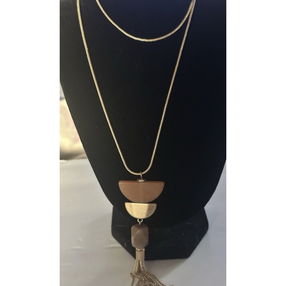 Boho Gold Tone Geometric Tassel Necklace Taupe Statement Pendant